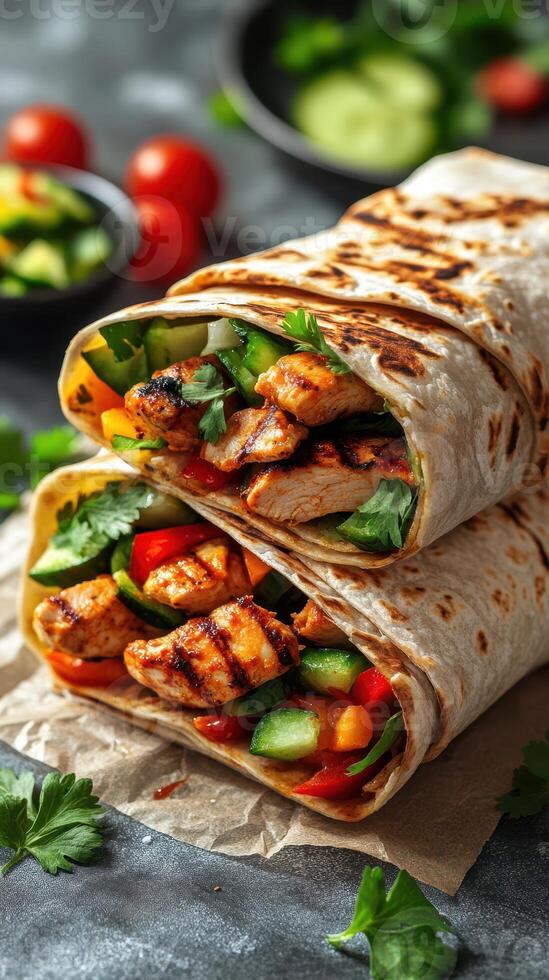 Grilled chicken wraps filled with fresh vegetables on a rustic table photo