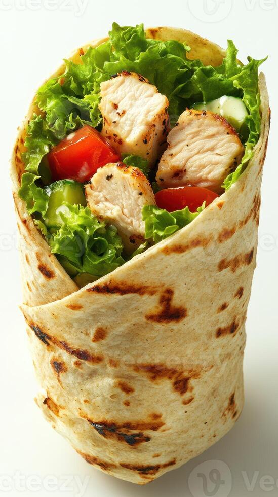 Fresh chicken wrap filled with crisp lettuce, tomatoes, and cucumbers ready for a healthy meal photo
