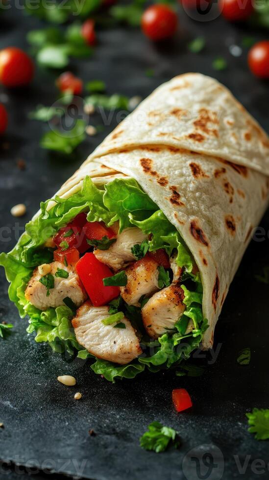 Fresh grilled chicken wrap with crisp lettuce and diced vegetables on a black background photo