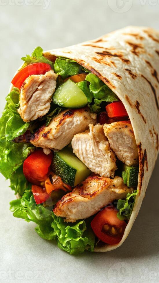 Fresh chicken wrap filled with vegetables and greens presented on a neutral background photo