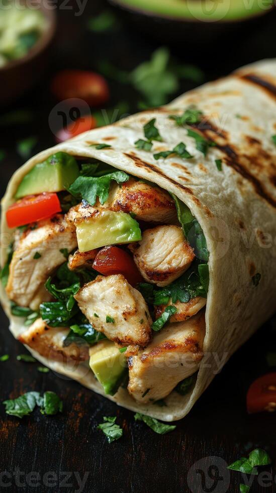 Delicious chicken burrito filled with fresh vegetables served on a wooden table photo