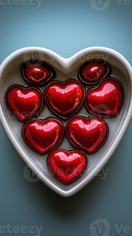 Collection of red chocolate hearts arranged in a heart-shaped dish on a blue surface photo