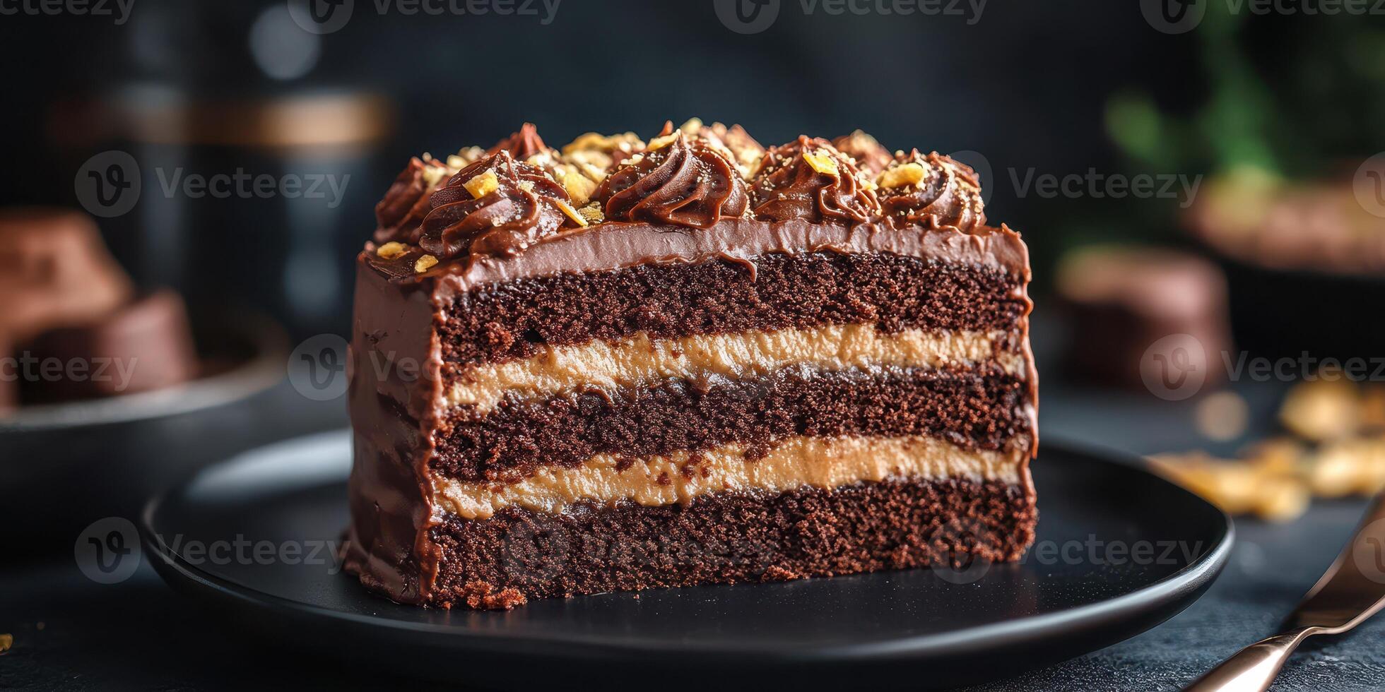 Decadent chocolate cake with layers of creamy filling and a rich frosting garnished with toppings on a dark background photo