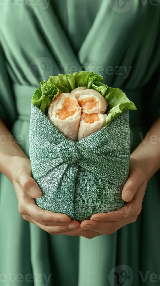 Freshly prepared sushi rolls wrapped in green fabric held by a person, showcasing vibrant colors and textures photo