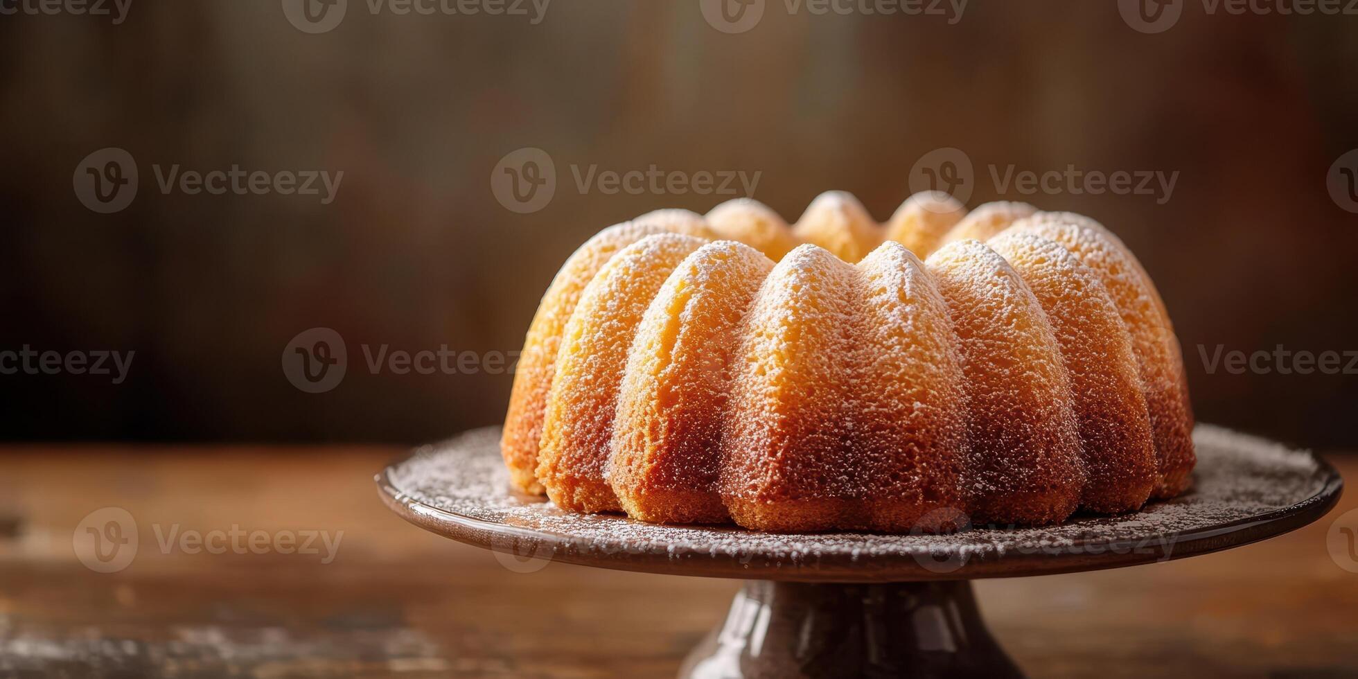 Perfectly baked bundt cake with a light dusting of powdered sugar on a rustic wood table photo