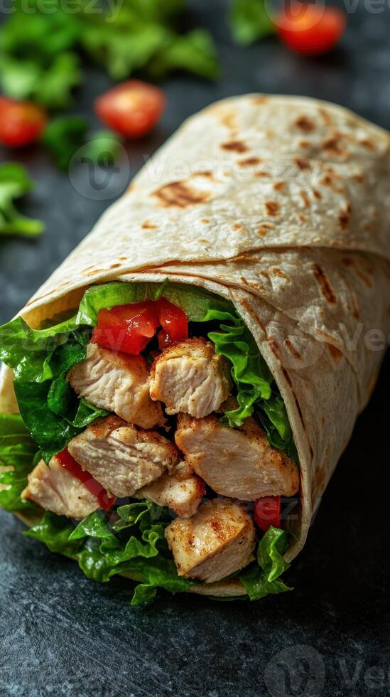 Delicious grilled chicken wrap with fresh vegetables served on a dark stone background photo