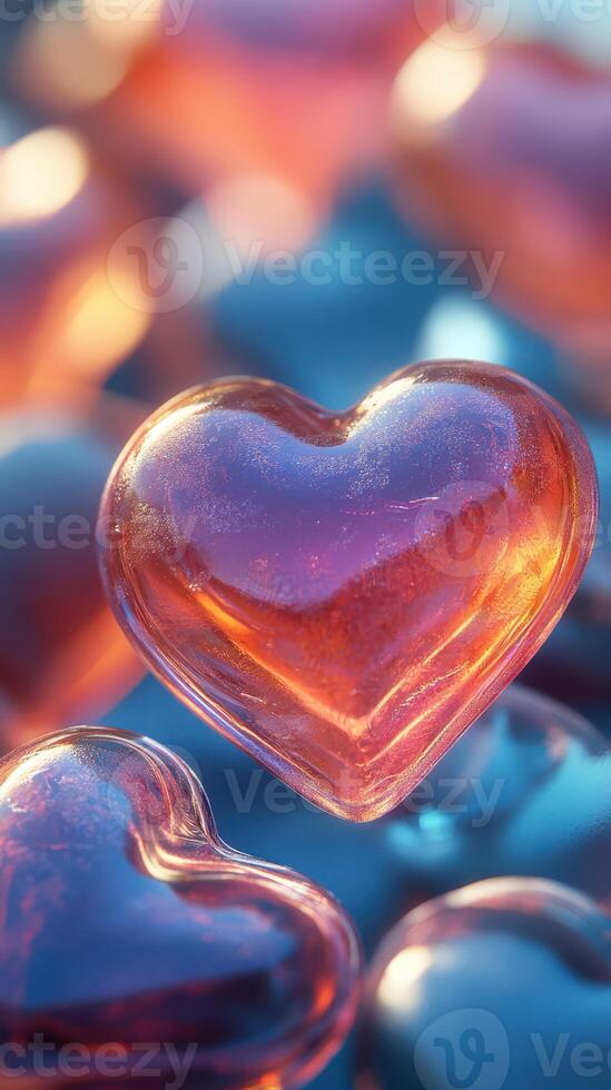 Colorful glass hearts shimmering on a reflective surface create a romantic atmosphere in a soft light setting photo