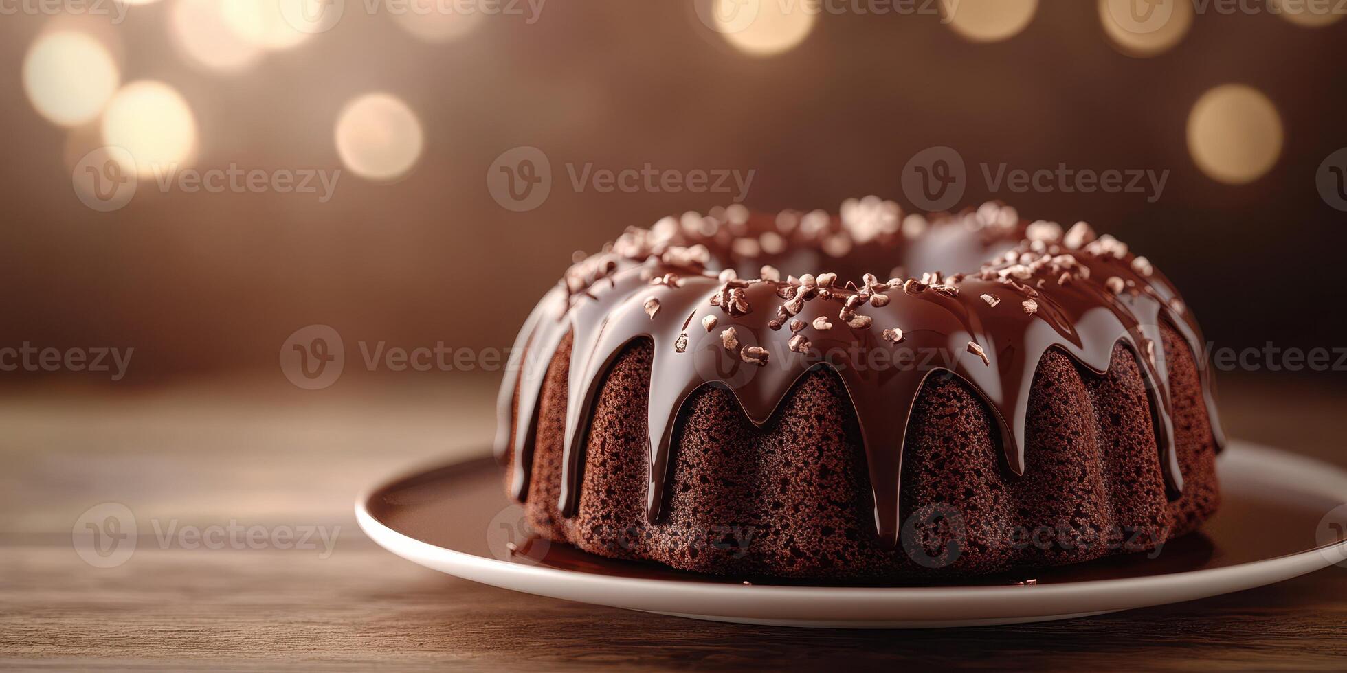 Chocolate bundt cake with shiny glaze and festive decorations on wooden table under soft lighting photo