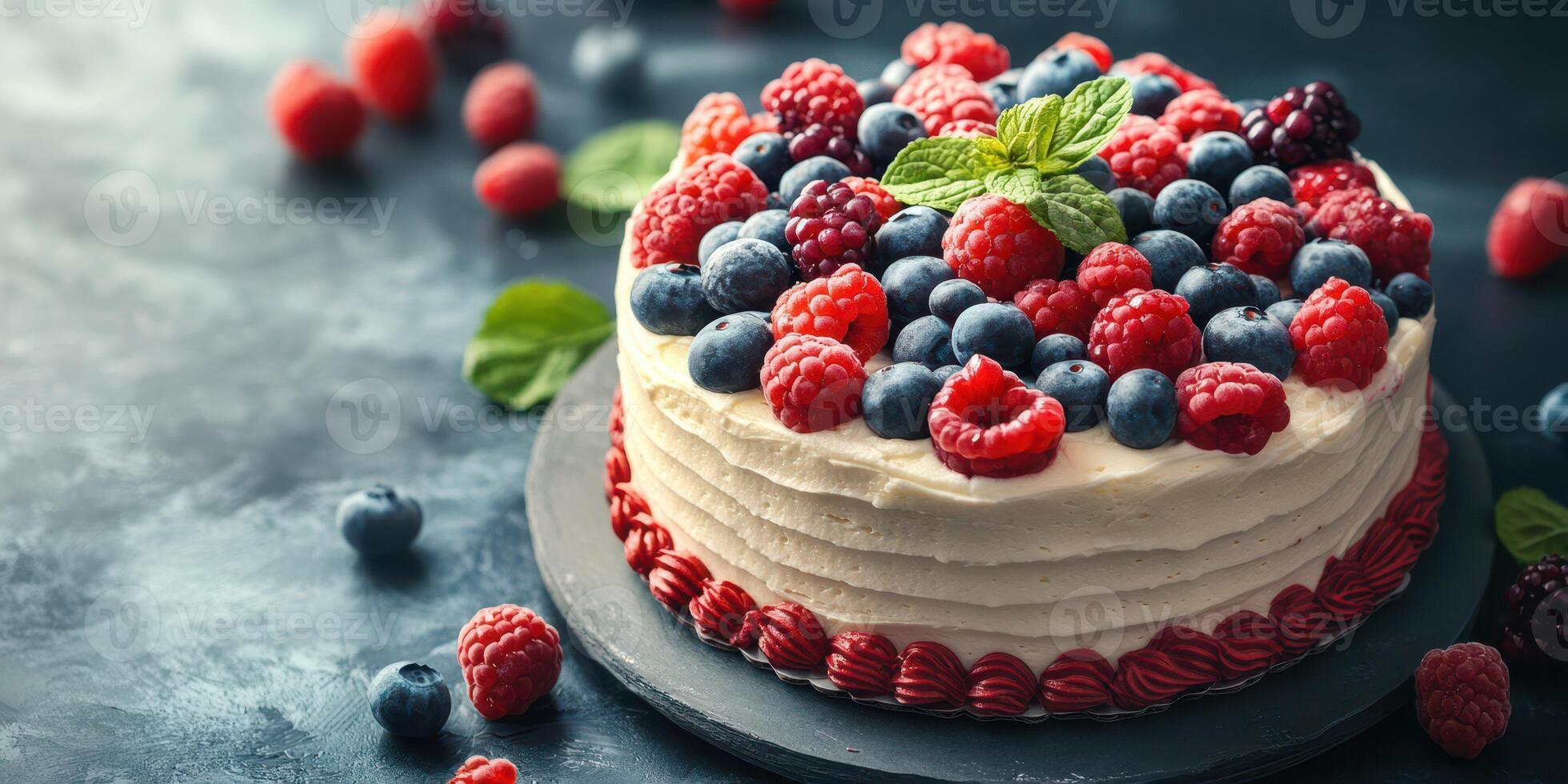 Delightful berry cake decorated with fresh raspberries and blueberries on a dark surface photo