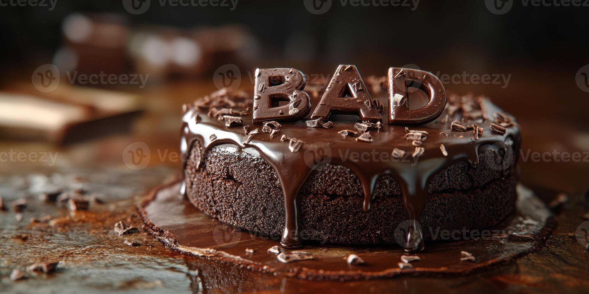Chocolate cake with bad written on top and dripping icing displayed in a rustic setting photo