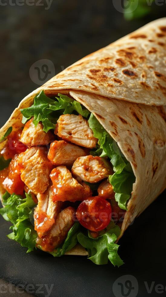 Delicious grilled chicken wrap with fresh lettuce and tomatoes on a dark background photo