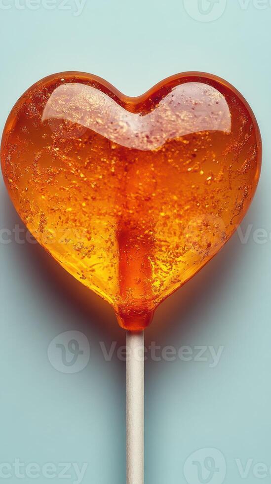Heart-shaped lollipop in vibrant orange color against a light blue background photo