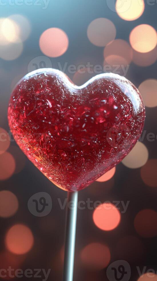 Heart-shaped candy lollipop shines brightly against a colorful bokeh background at a festive celebration photo
