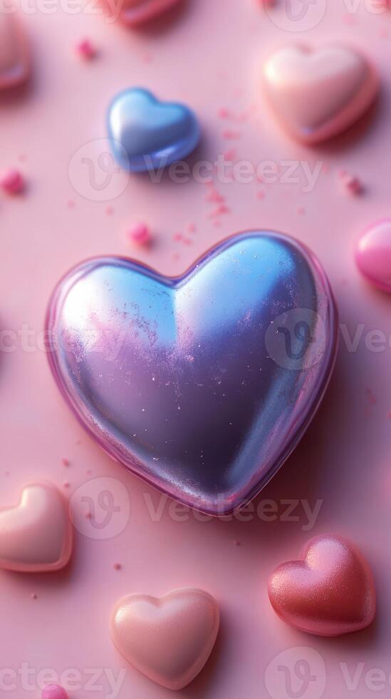 Colorful heart-shaped candies scattered on a pink background create a cheerful atmosphere for celebrations and treats photo