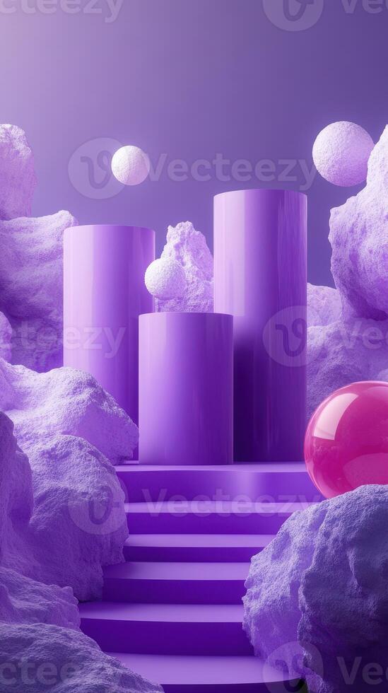 Modern abstract landscape with purple forms and spheres in a surreal setting photo