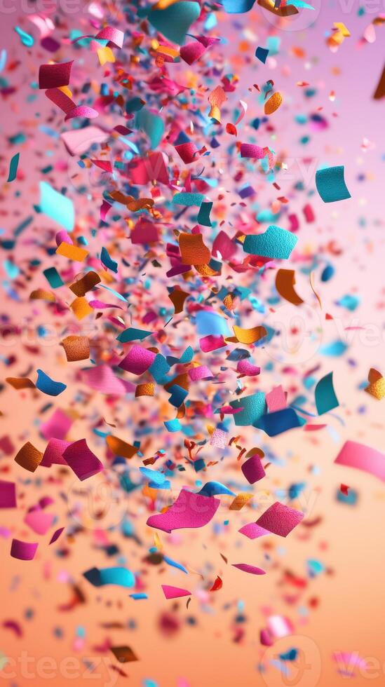 Colorful confetti floats through the air in a vibrant spectacle during a festive celebration at dusk photo