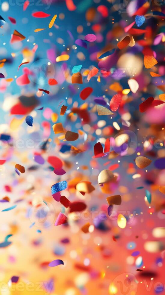 Vibrant confetti fills the air, creating a festive atmosphere during a celebration at sunset photo