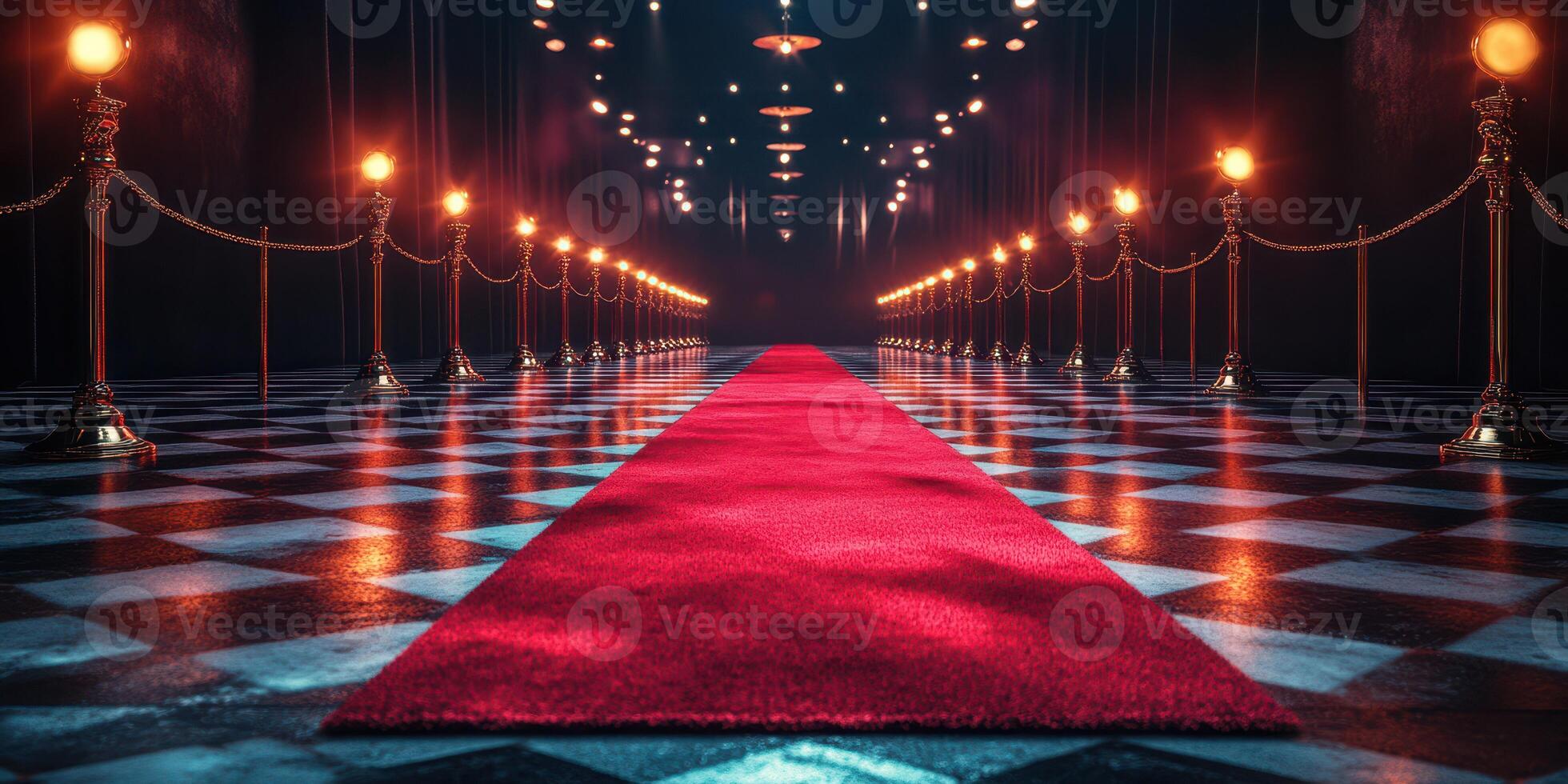 Glimmering red carpet leads through elegant corridor adorned with lights and ropes in a sophisticated setting photo