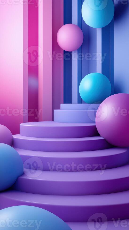 Colorful abstract staircase design featuring large spheres and contrasting hues in a modern artistic setting photo