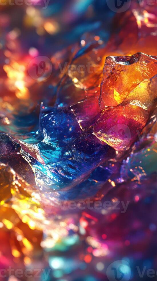 Colorful glimmering resin casting reflects vibrant light patterns in abstract art photo
