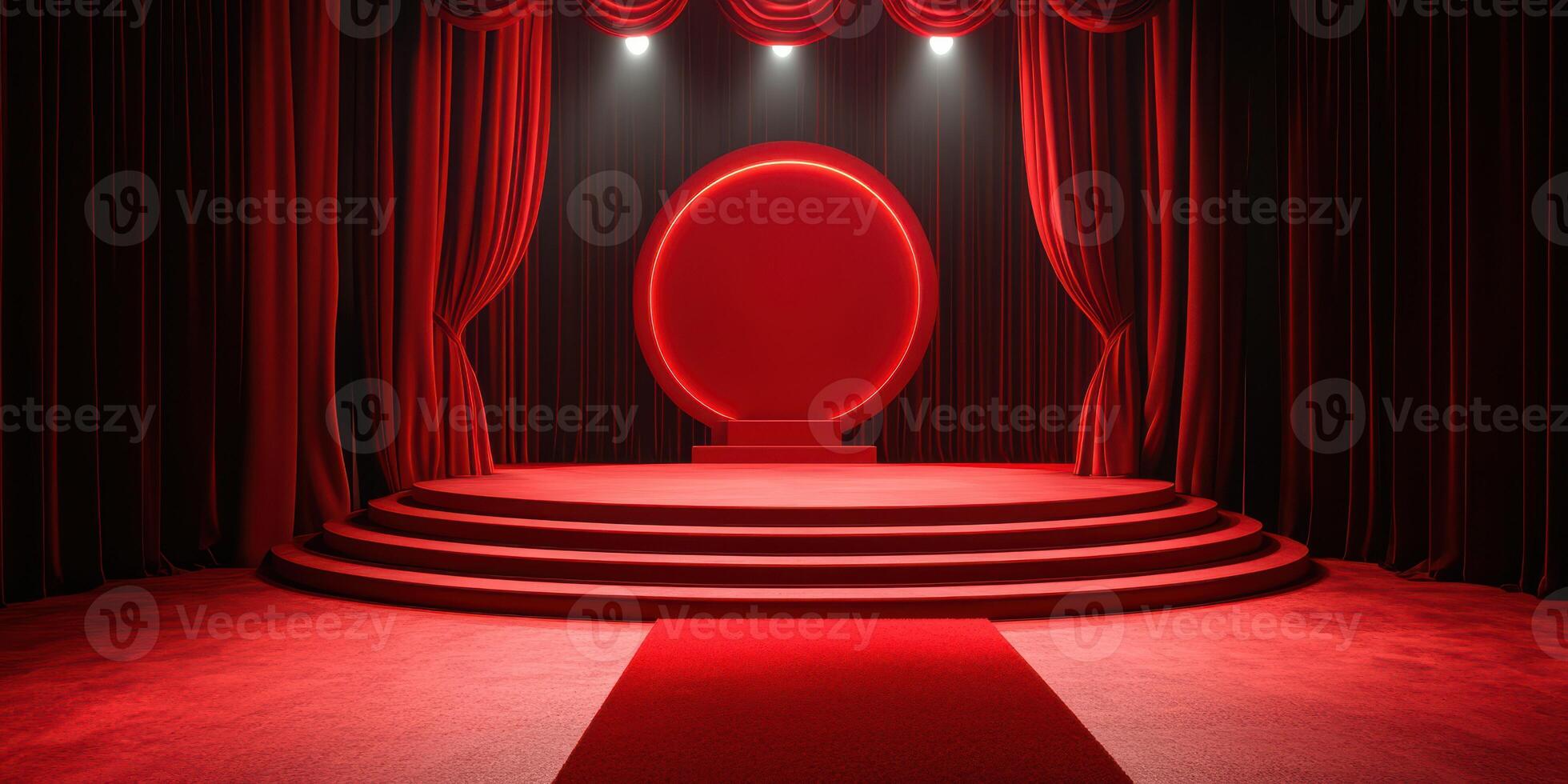 Elegant red stage setup with circular backdrop and rich curtains for a formal event photo