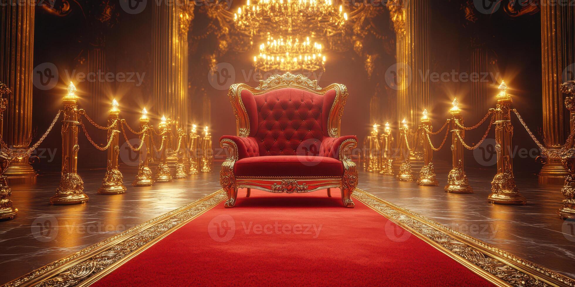 Luxurious red throne in an opulent gold-lit hall with intricate decor and elegant lighting photo