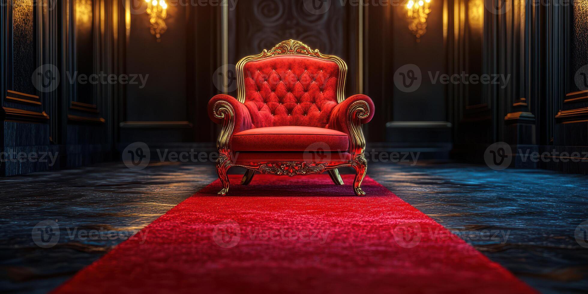 Elegant red velvet chair on a red carpet in a luxurious hallway with ornate decor and warm lighting photo