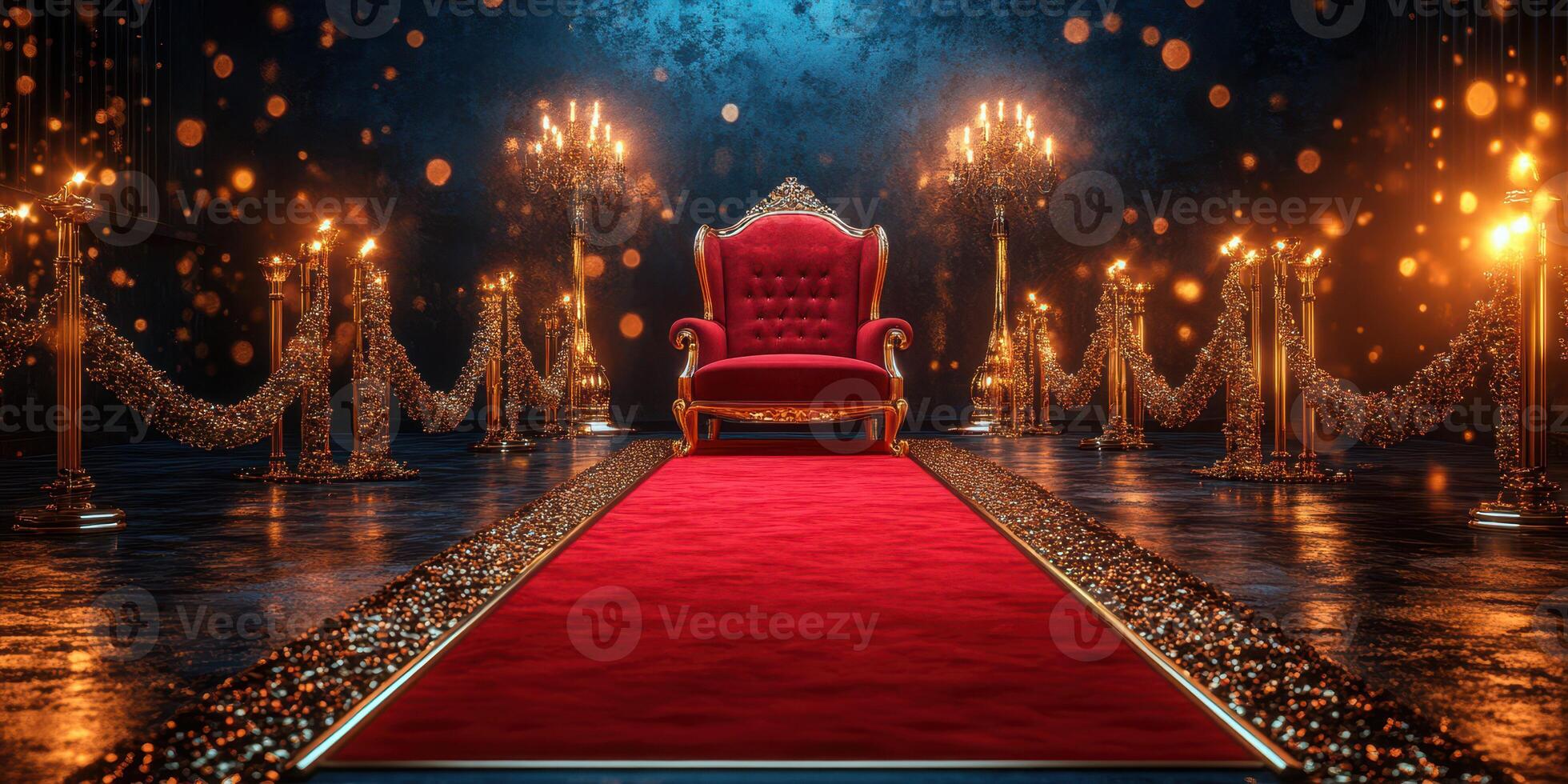 Elegant red carpet setting with ornate throne and decorative candles for a glamorous event or celebration photo