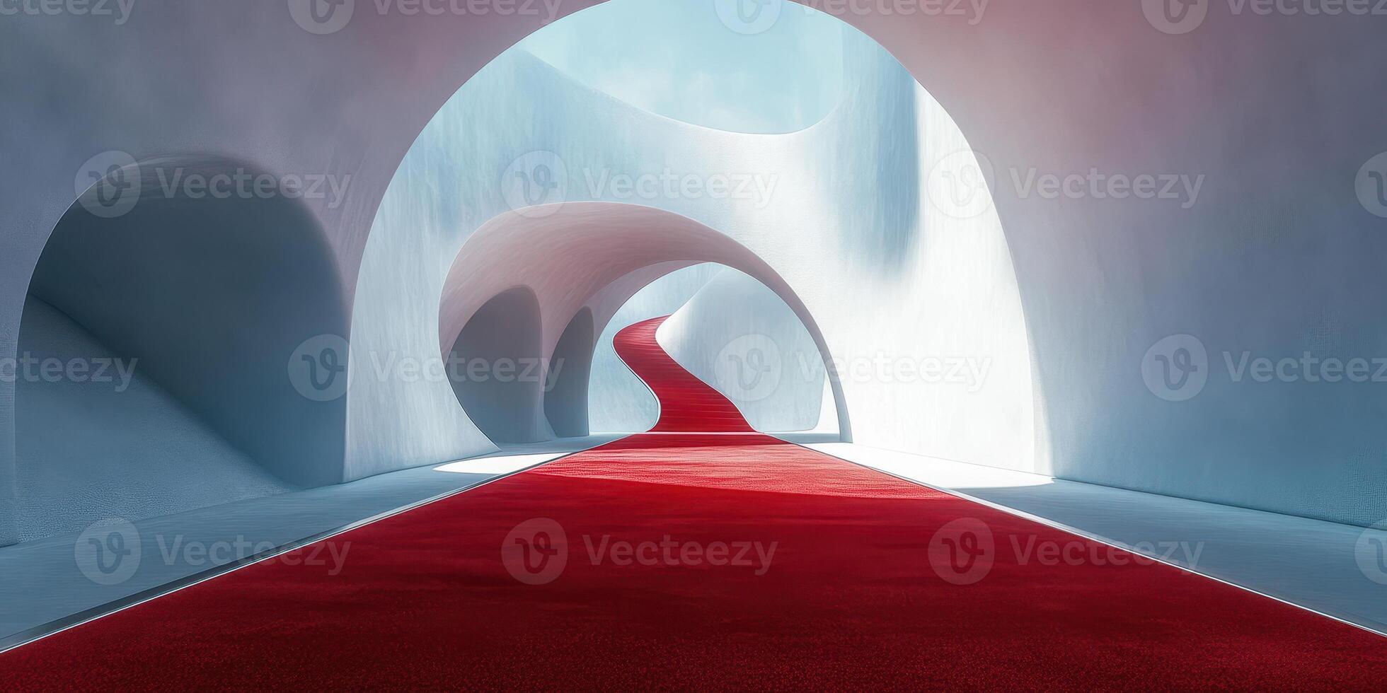 Curved red carpet pathway leads through an elegant architectural space with soft white walls photo