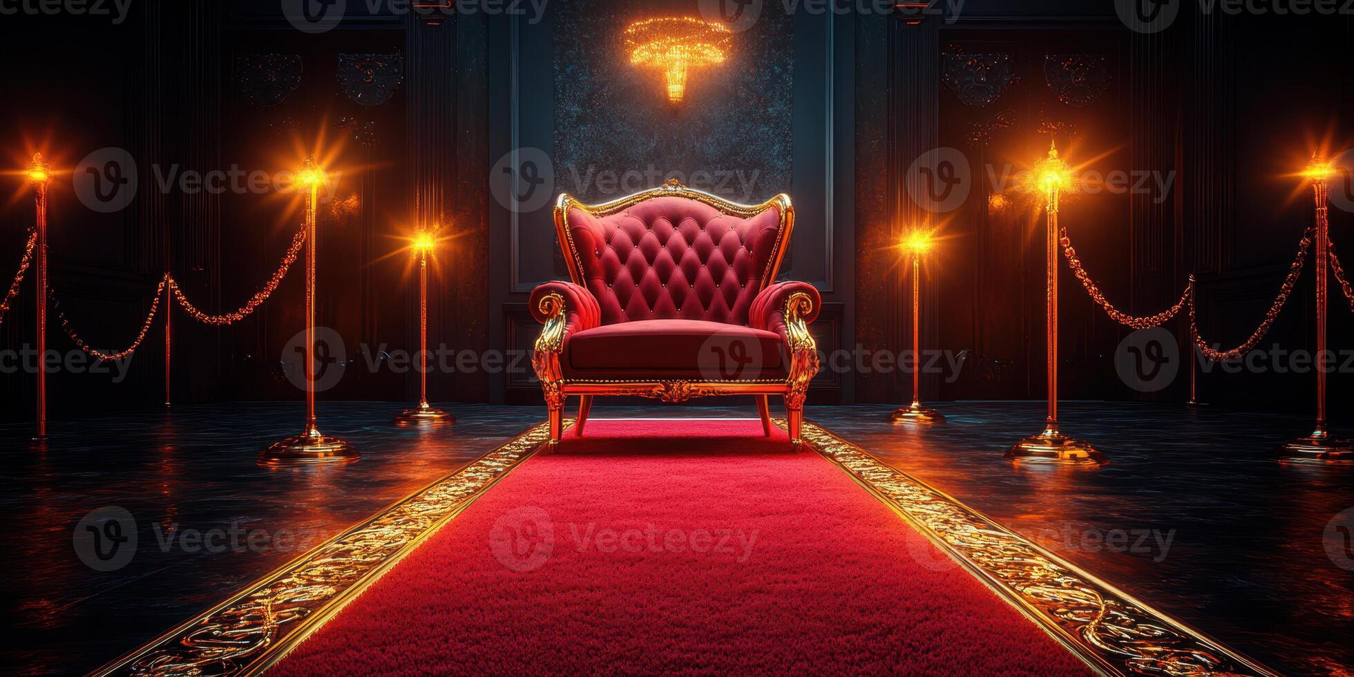 Luxurious red velvet chair illuminated by golden lights in an elegant dark room with a carpet and velvet ropes photo