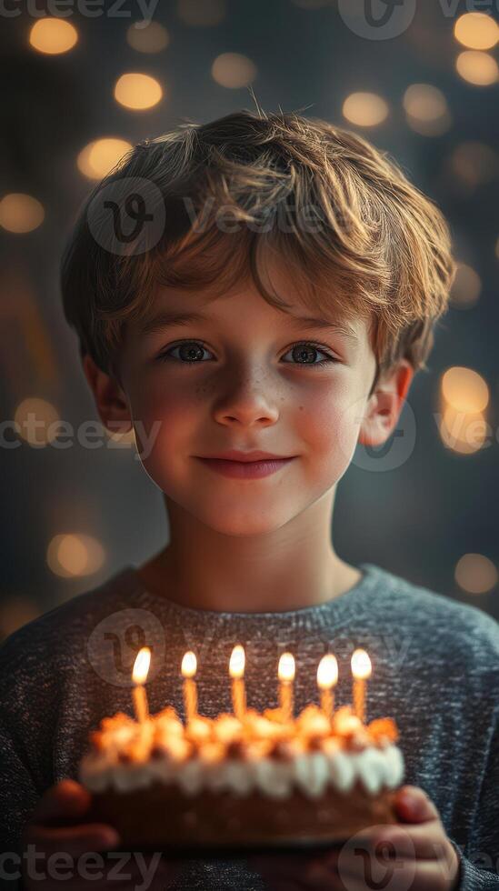 Boy celebrates birthday with cake and candles glowing in soft ambient light during a festive evening gathering photo