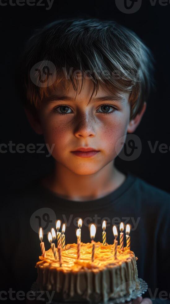 Boy holding birthday cake with lit candles during evening celebration photo
