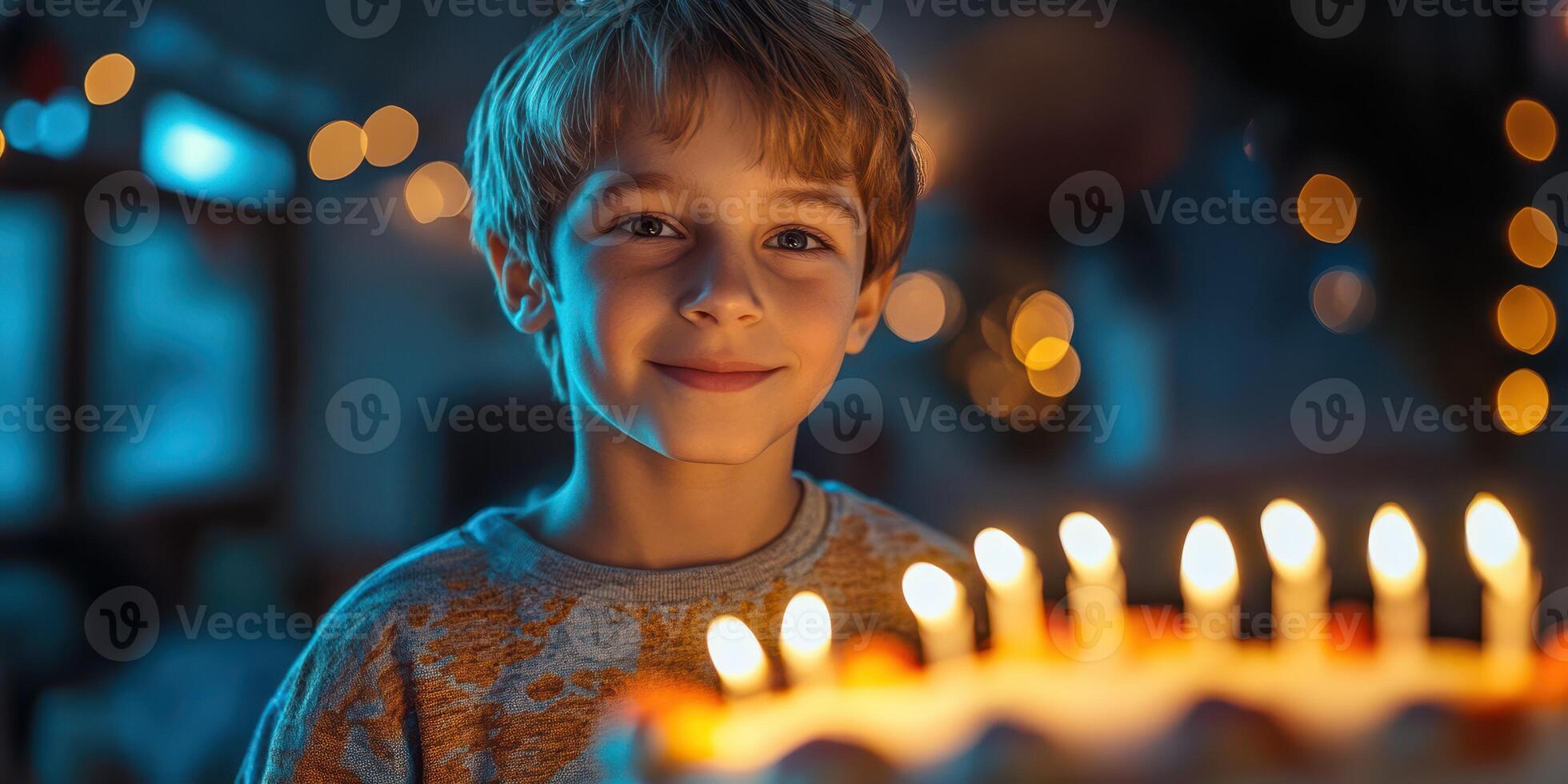Smiling boy celebrating birthday with glowing candles and festive decorations during evening gathering photo
