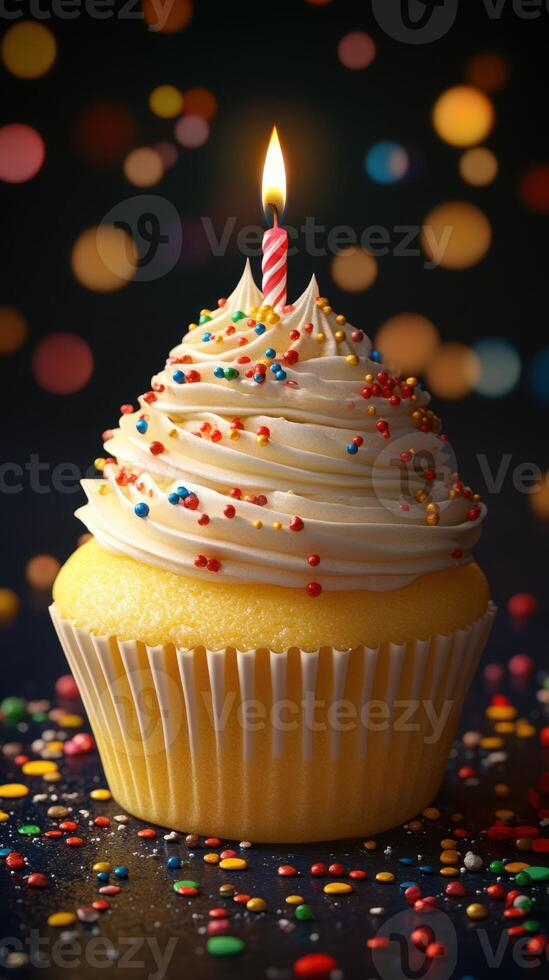 Colorful cupcake with a candle and sprinkles set against a bokeh background during a celebration photo