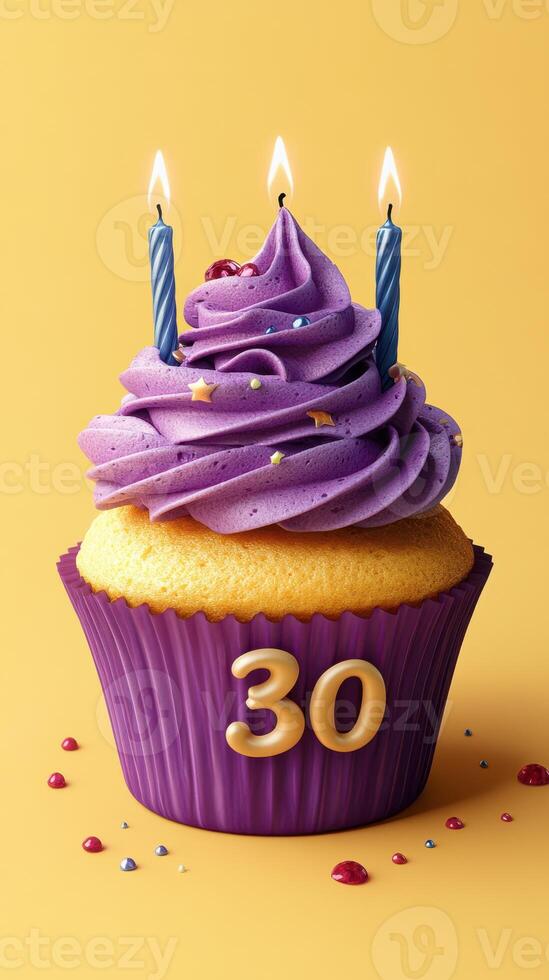 Celebrate a milestone birthday with a colorful cupcake adorned with candles and vibrant icing photo