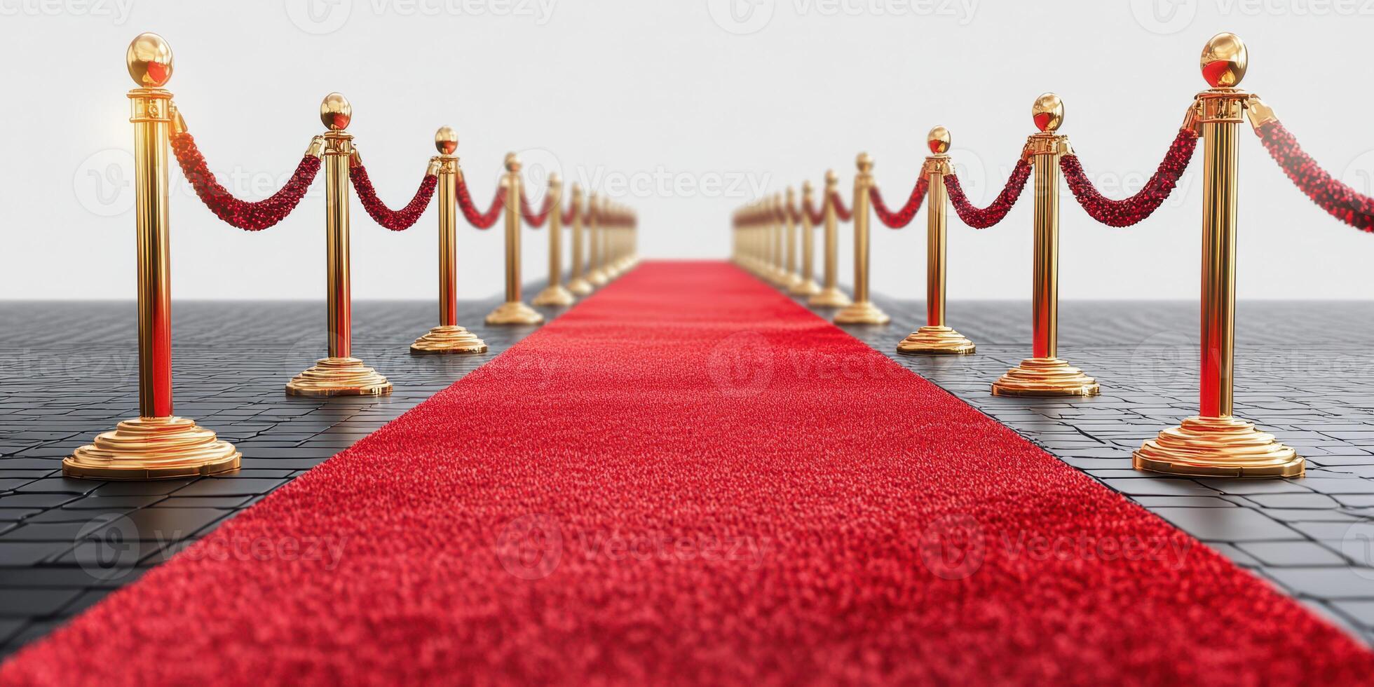 Elegant red carpet lined with golden posts and ropes for a prestigious event at a central location photo