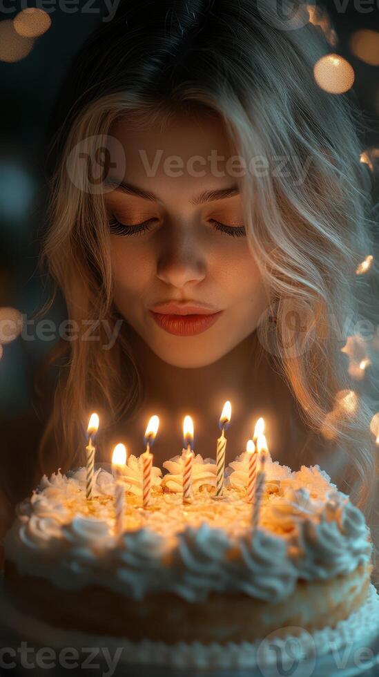Celebrating a joyful moment with a birthday cake surrounded by glowing candles and a cheerful atmosphere at dusk photo