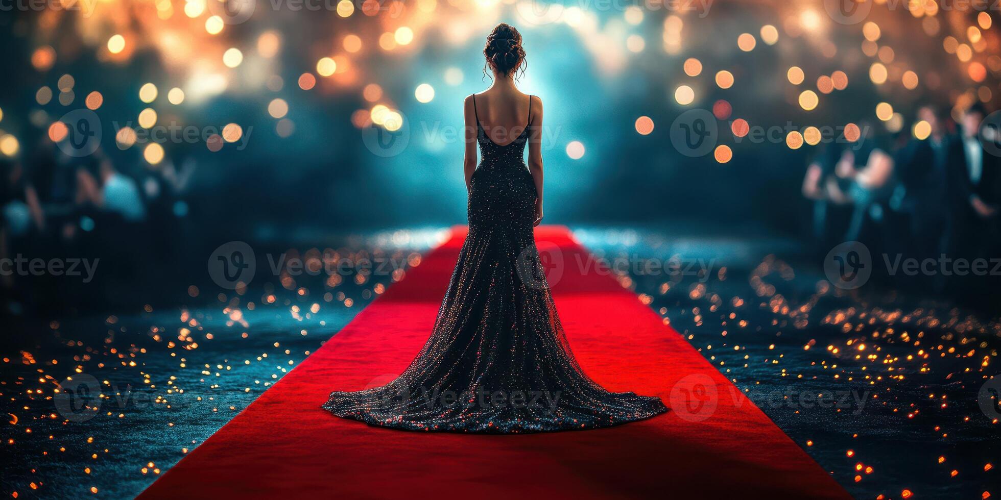 Elegant woman in a shimmering gown walks down a red carpet at a glamorous event with lights twinkling in the background photo