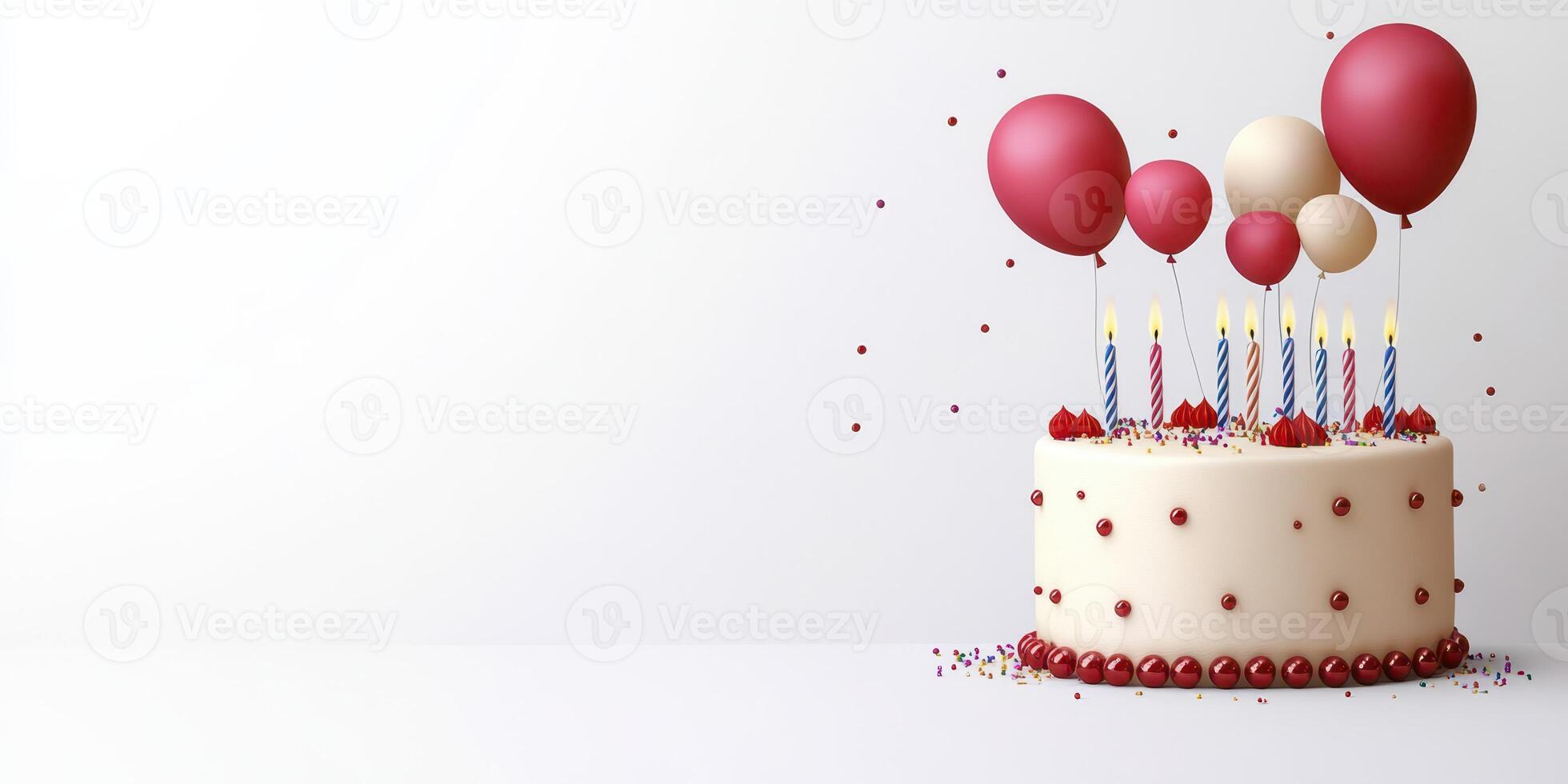 Celebration cake with balloons and candles for a festive occasion in a bright setting photo