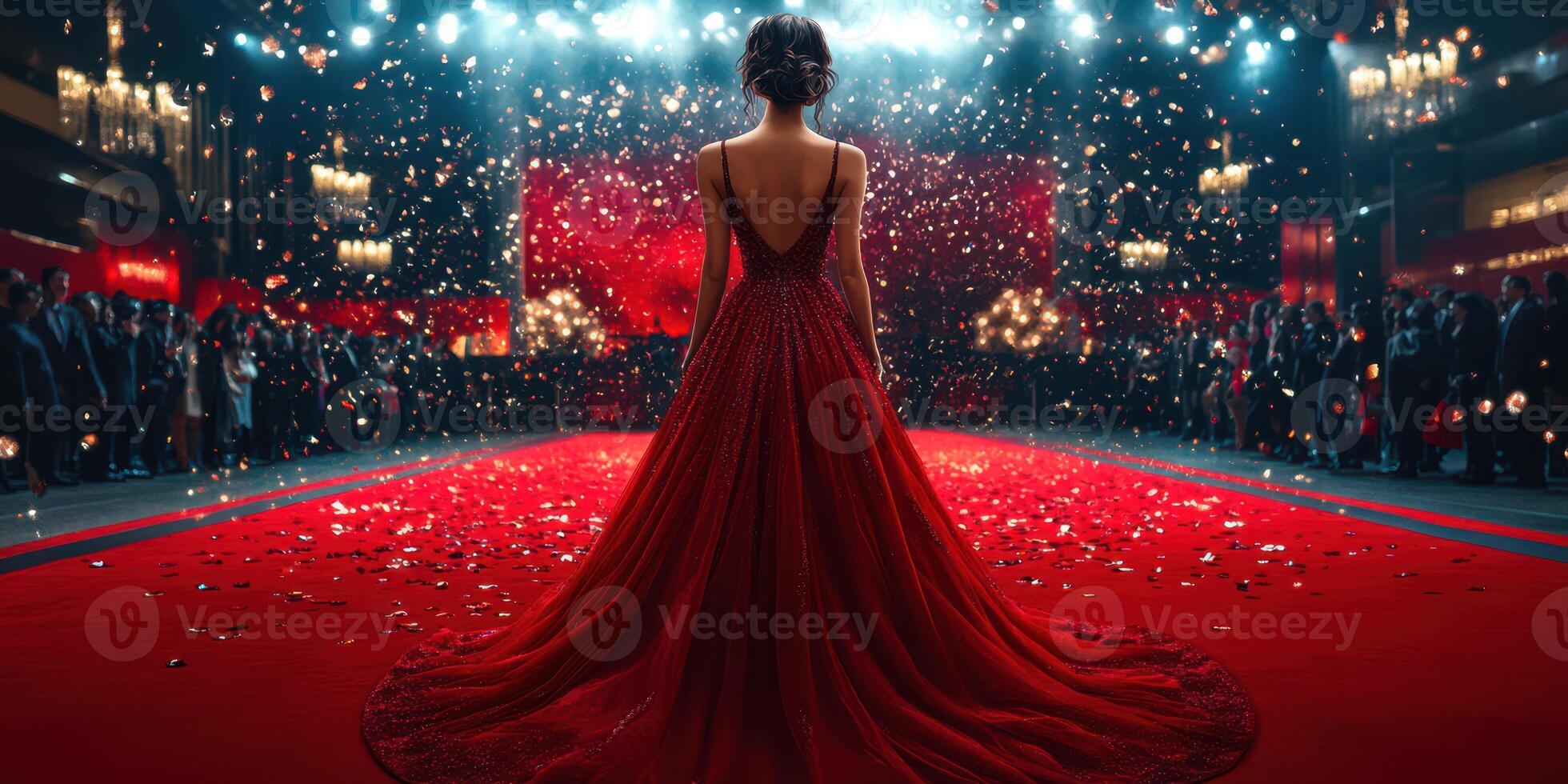 Elegant woman in stunning red gown stands before audience at glamorous event, capturing attention in a dazzling setting photo