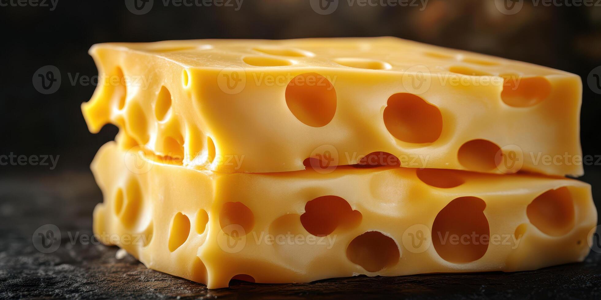 Delicious cheese blocks with holes stacked against a dark background in a rustic setting photo