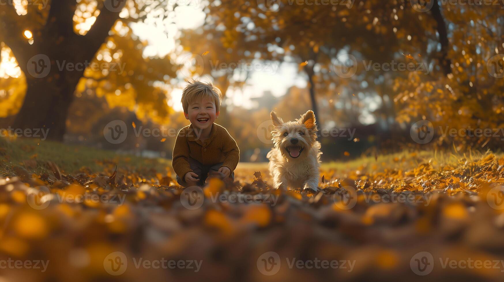 A boy and his dog running in the park photo