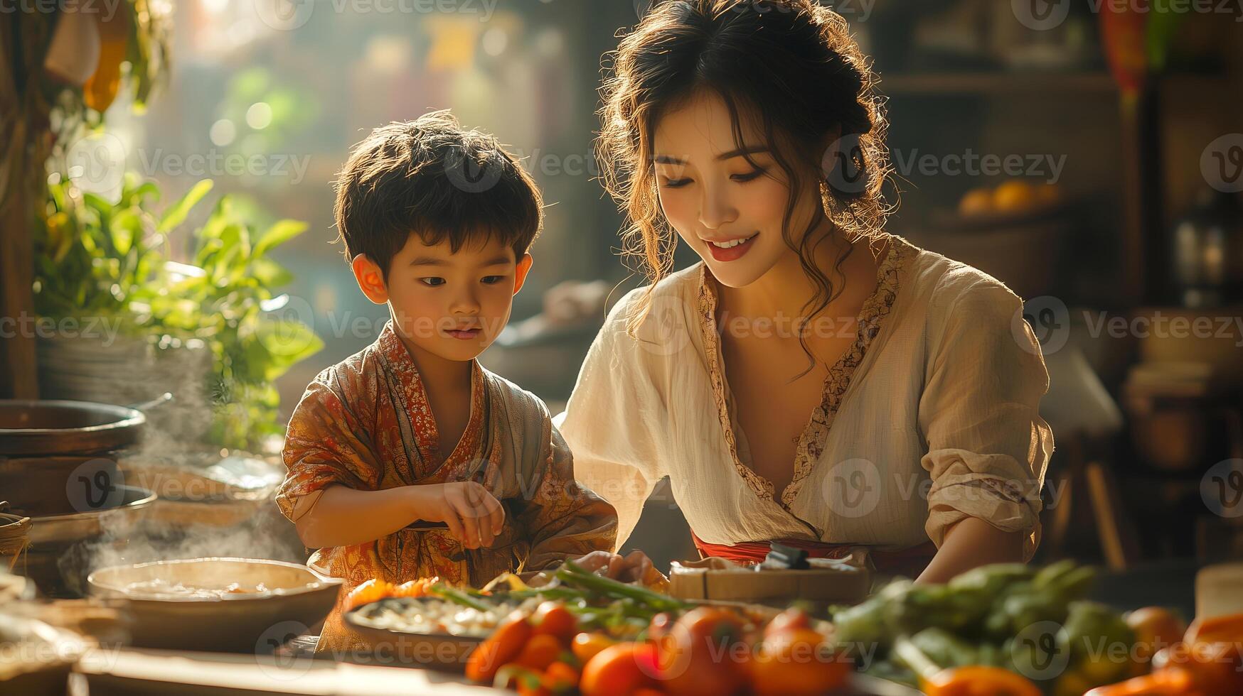 Asian mom and her son in traditional kitchen photo