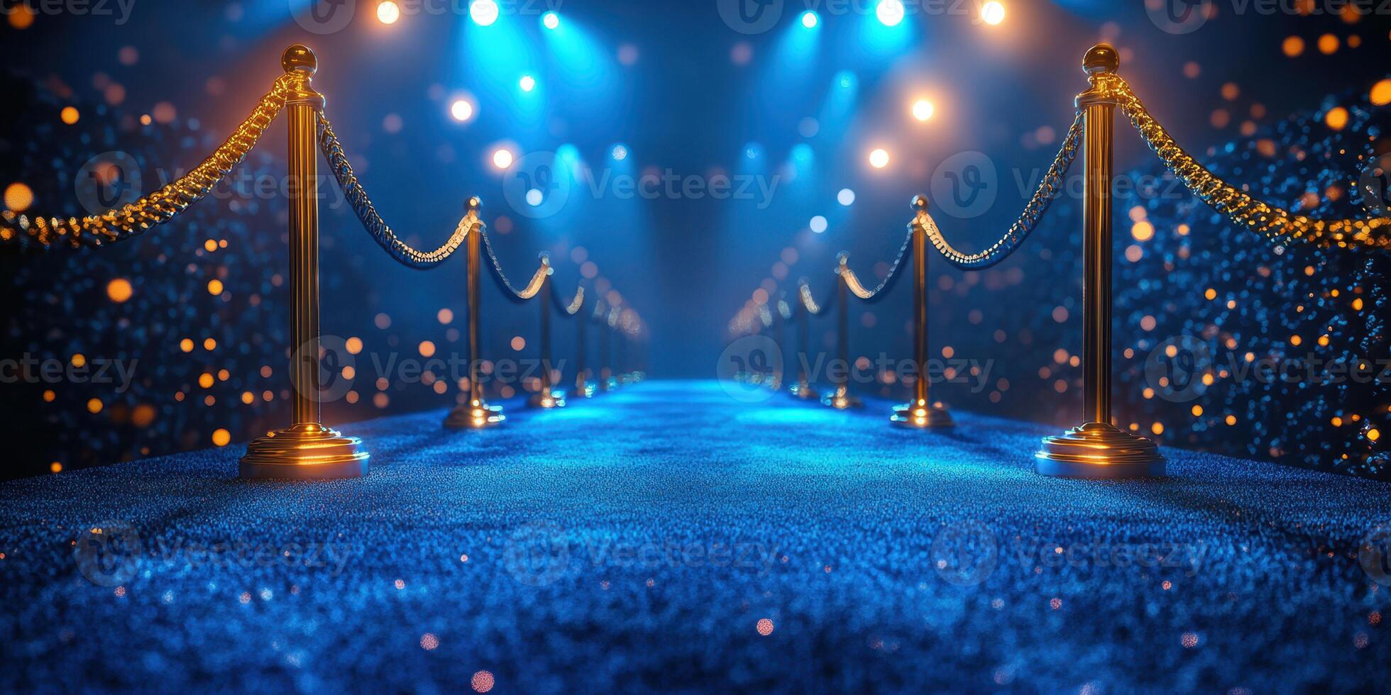 Brightly lit blue carpet walkway with golden barriers and sparkling lights for a glamorous event photo