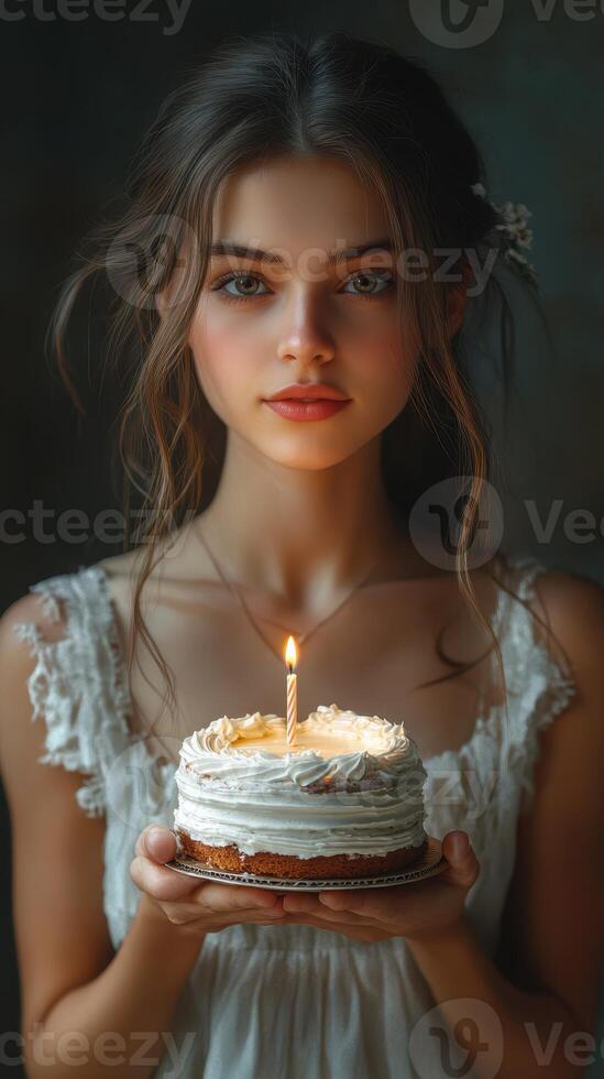 Young girl holds a beautifully decorated birthday cake with a lit candle in a cozy indoor setting during evening hours photo