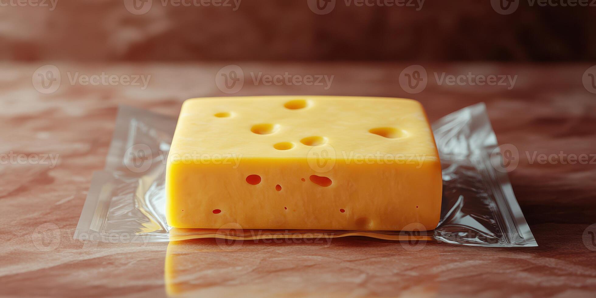 Block of yellow cheese on clear wrapper placed on a wooden surface in a kitchen setting photo