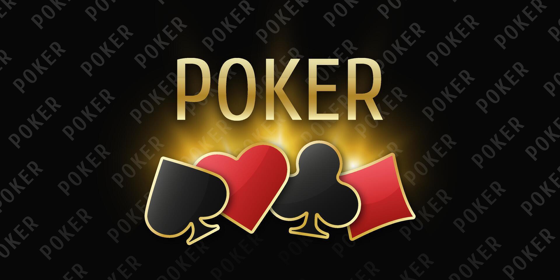 Poker logo featuring token chips and playing card suits. Clubs, diamonds, spades, hearts on a black background, perfect for tournament or casino designs. vector
