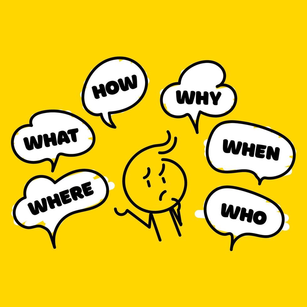 Speak english. Question who, what, how, why, for what and where. Speech bubble with ask question and doodle stick man. vector