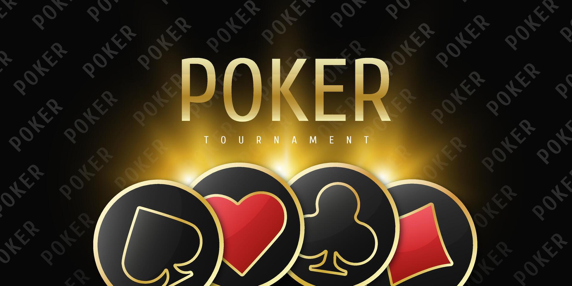 Poker logo with token chips and playing card suits. Clubs, diamonds, spades, hearts on a black background, great for tournament designs. vector