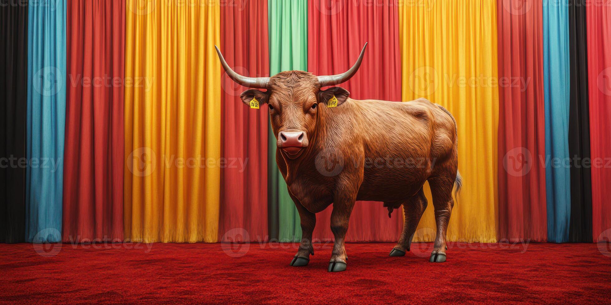 Unique brown bull stands confidently in front of colorful draped fabric backdrop in a vibrant display setting photo